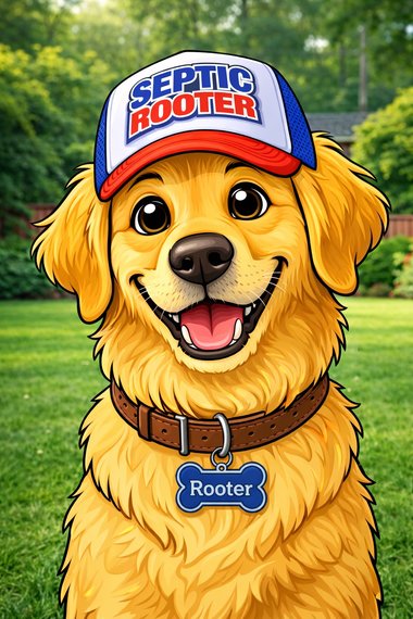 Rooter — SepticRooter™ mascot dog wearing SepticRooter™ cap